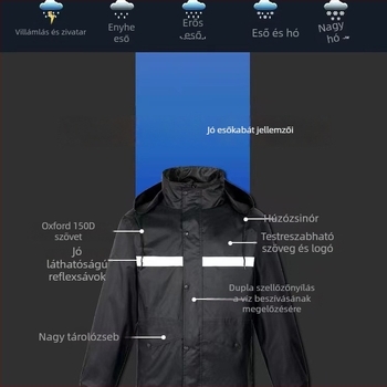 Esőkabát és nadrág készlet, split dizájn, reflexiós szalagok, kétszeres rétegű megerősítés, PVC anyag