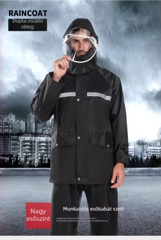 Esőkabát és nadrág készlet, split dizájn, reflexiós szalagok, kétszeres rétegű megerősítés, PVC anyag