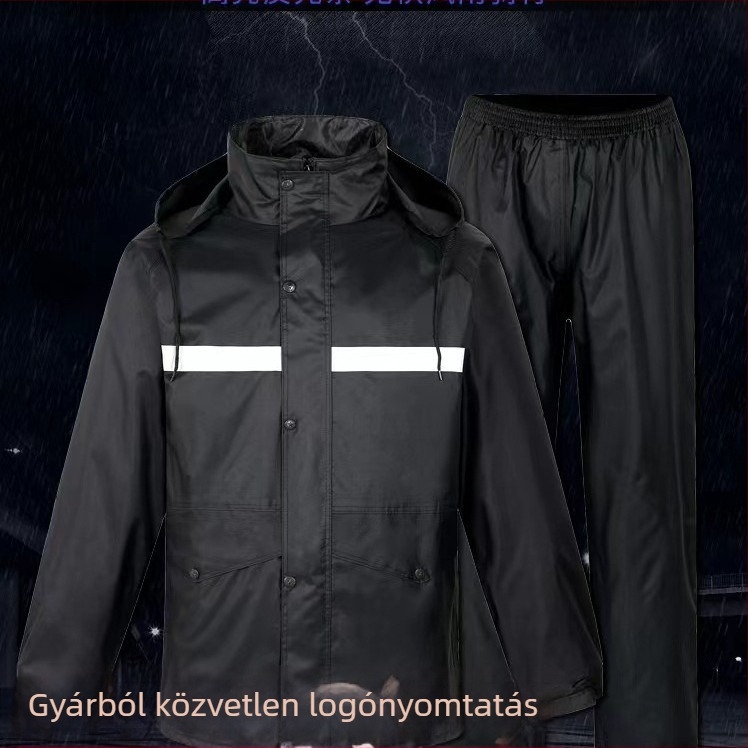 Esőkabát és nadrág készlet, split dizájn, reflexiós szalagok, kétszeres rétegű megerősítés, PVC anyag
