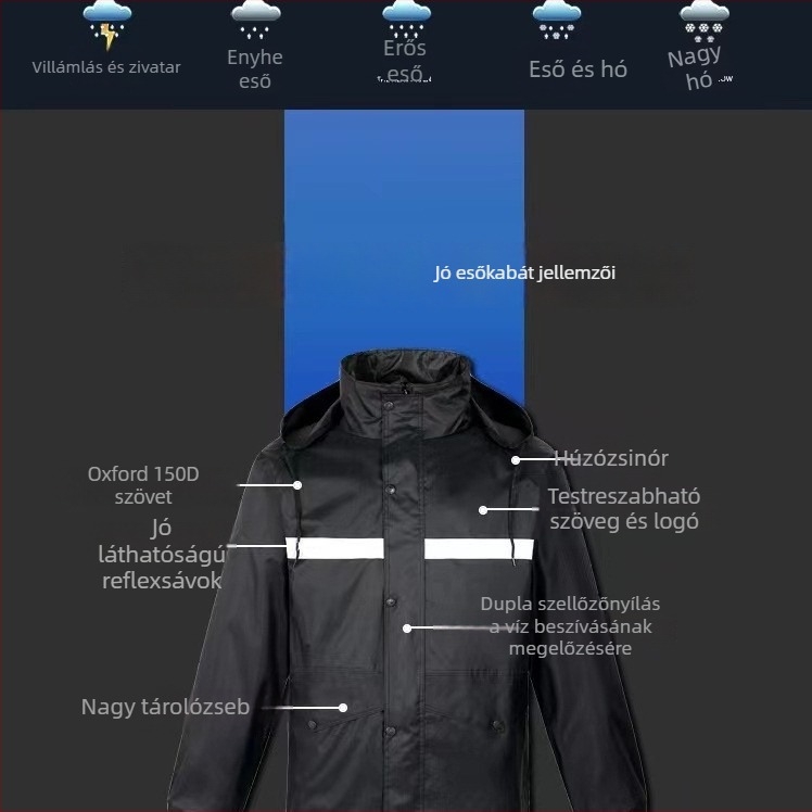 Esőkabát és nadrág készlet, split dizájn, reflexiós szalagok, kétszeres rétegű megerősítés, PVC anyag