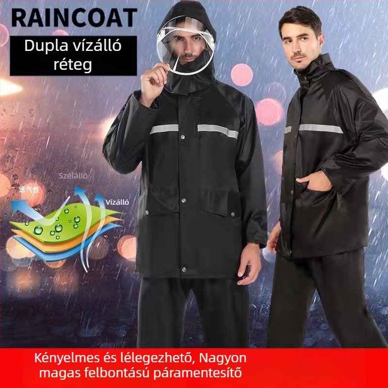 Esőkabát és nadrág készlet, split dizájn, reflexiós szalagok, kétszeres rétegű megerősítés, PVC anyag