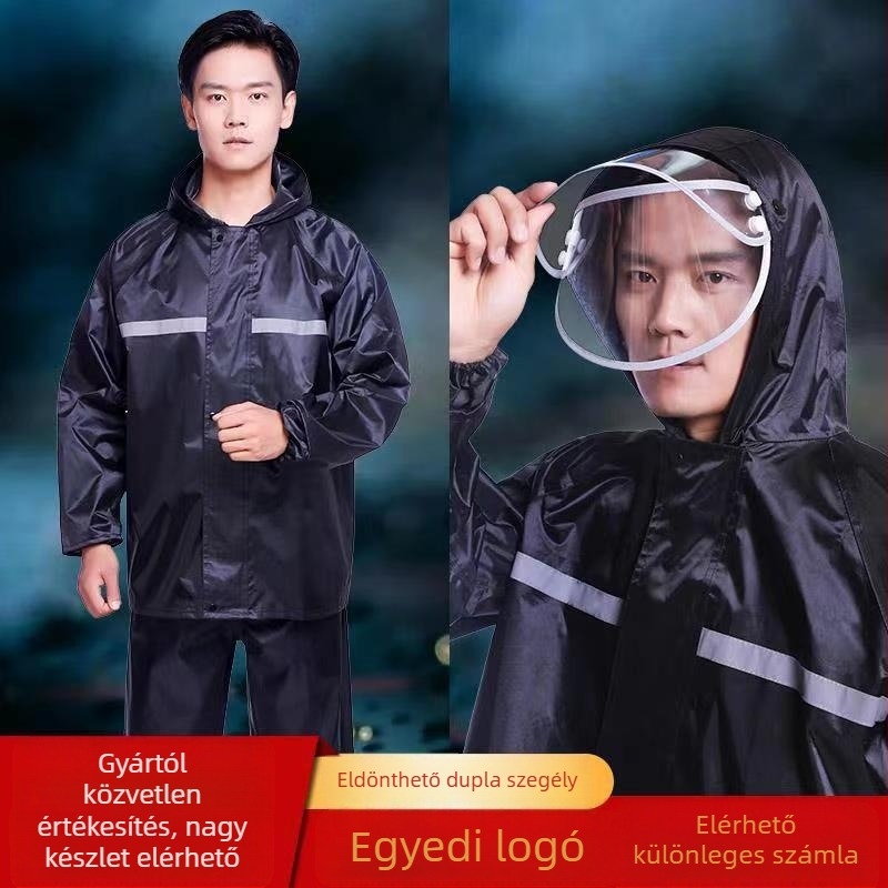 Esőkabát és nadrág készlet, split dizájn, reflexiós szalagok, kétszeres rétegű megerősítés, PVC anyag