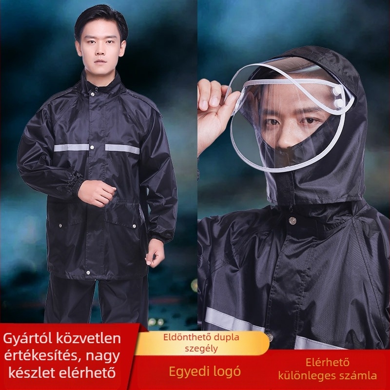 Esőkabát és nadrág készlet, split dizájn, reflexiós szalagok, kétszeres rétegű megerősítés, PVC anyag