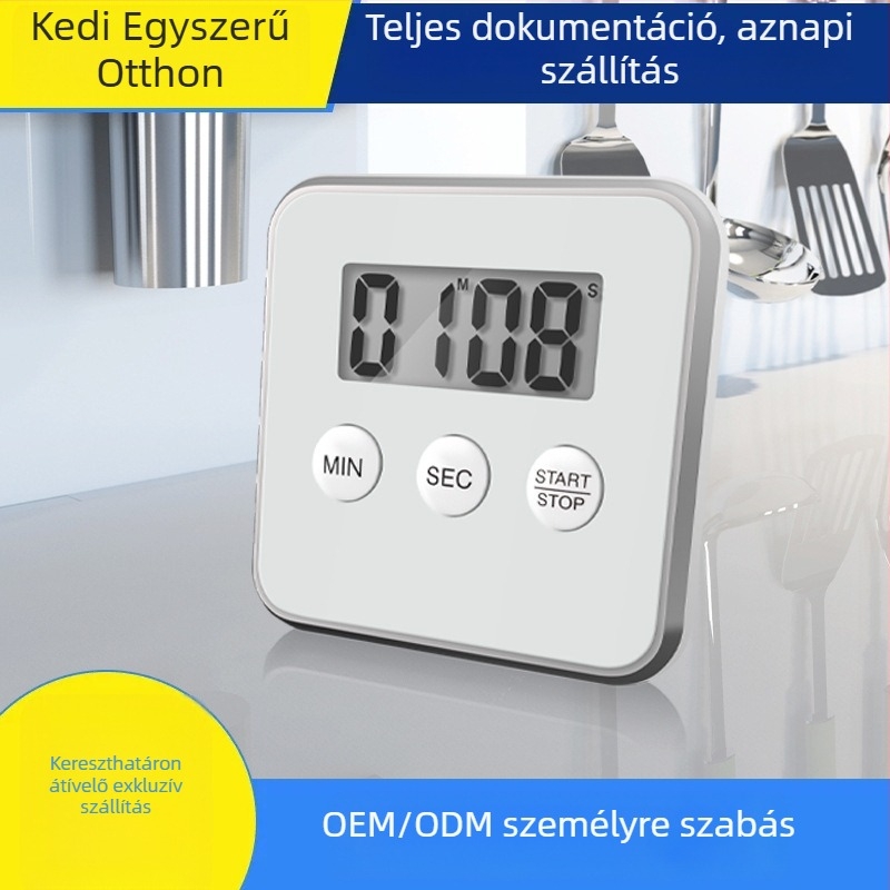 Konyhai digitális időmérő LCD-kijelzős, elektronikus működésű, akkumulátoros, kronográf, négyzetes kialakítás