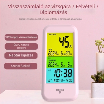 Diákoknak szóló visszaszámláló ébresztőóra naptári emlékeztetőkkel, elektronikus mozgású, LCD számkijelző, akkumulátoros működés, műanyag ház, téglalap alakú