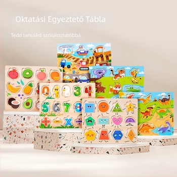 Fából készült gyerekeknek sík puzzle – oktató jelenetek számokkal, gyümölcsökkel, állatokkal és közlekedéssel; testreszabható dizájn; 4–6 éveseknek megfelelő; blisteres csomagolás