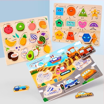 Fából készült gyerekeknek sík puzzle – oktató jelenetek számokkal, gyümölcsökkel, állatokkal és közlekedéssel; testreszabható dizájn; 4–6 éveseknek megfelelő; blisteres csomagolás