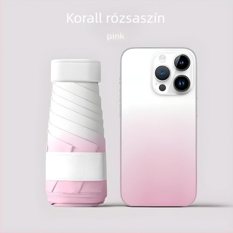 Ötfokú összecsukható esernyő gradient mintával; ultrakönnyű, UV védelem UPF>30; anyag: 190T szövet; 6 bordázat rostból; nyél műanyag; kézi nyitás; tömeg 0.4 kg