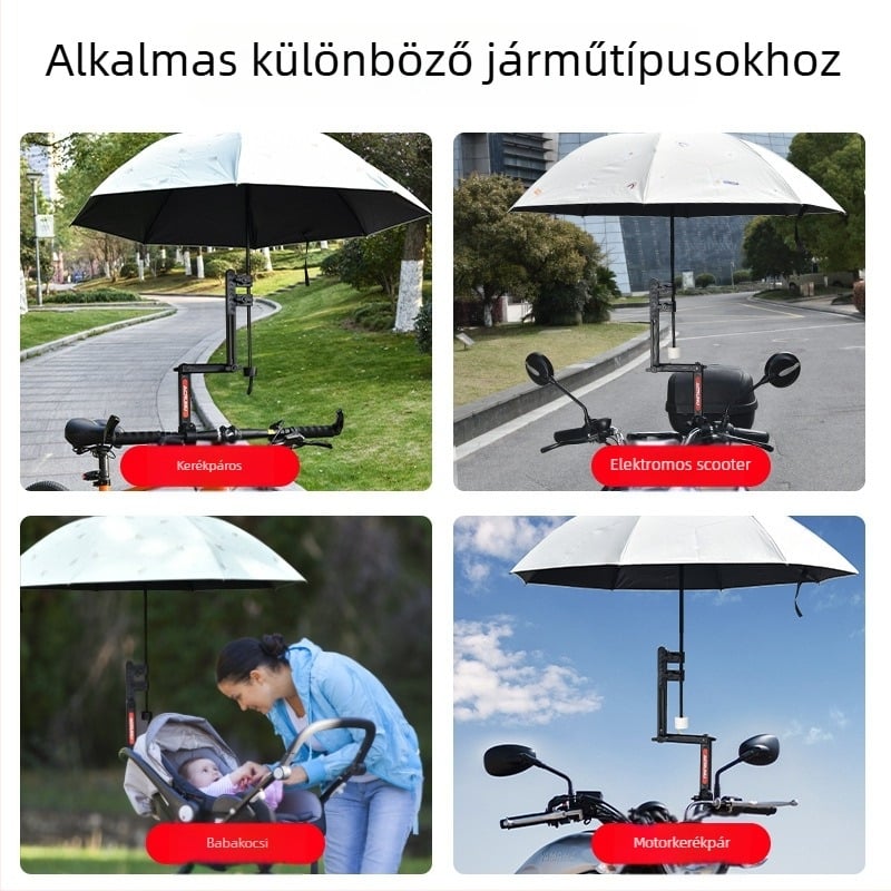 Elektromos járművek esernyő-tartója — állítható, hajtogatható és stabil tervezés; illeszkedik csövek belső átmérője 2.5 cm-hez; kompatibil elektromos autókkal, motorkerékpárokkal, kerékpárokkal és babakocsikkal.