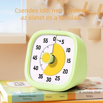 Általános iskolásoknak szánt vizuális időmérő — akkumulátoros, elektronikus működésű időmérő, négyszögletes műanyag tokkal, mutató és numerikus kijelző
