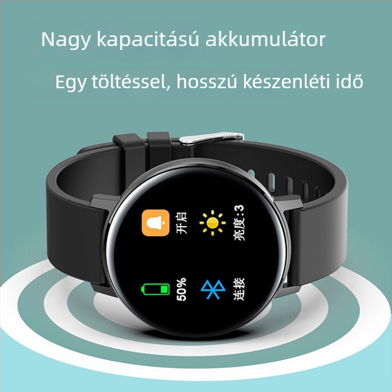 Okos karkötő érintőképernyővel, szívritmus- és vérnyomásmérés, vízálló, Bluetooth (Android kompatibil, 200 mAh, 7–14 napos üzemidő)
