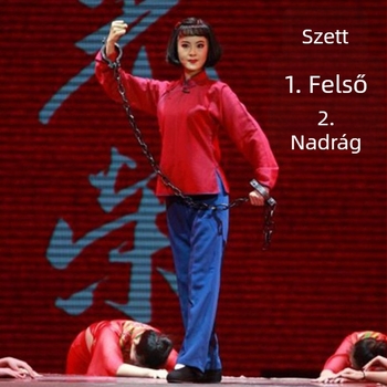 Liu Hulan drámajelmez, piros oktatástörténeti blúz nagy gallérral, színházi stílusú előadásra