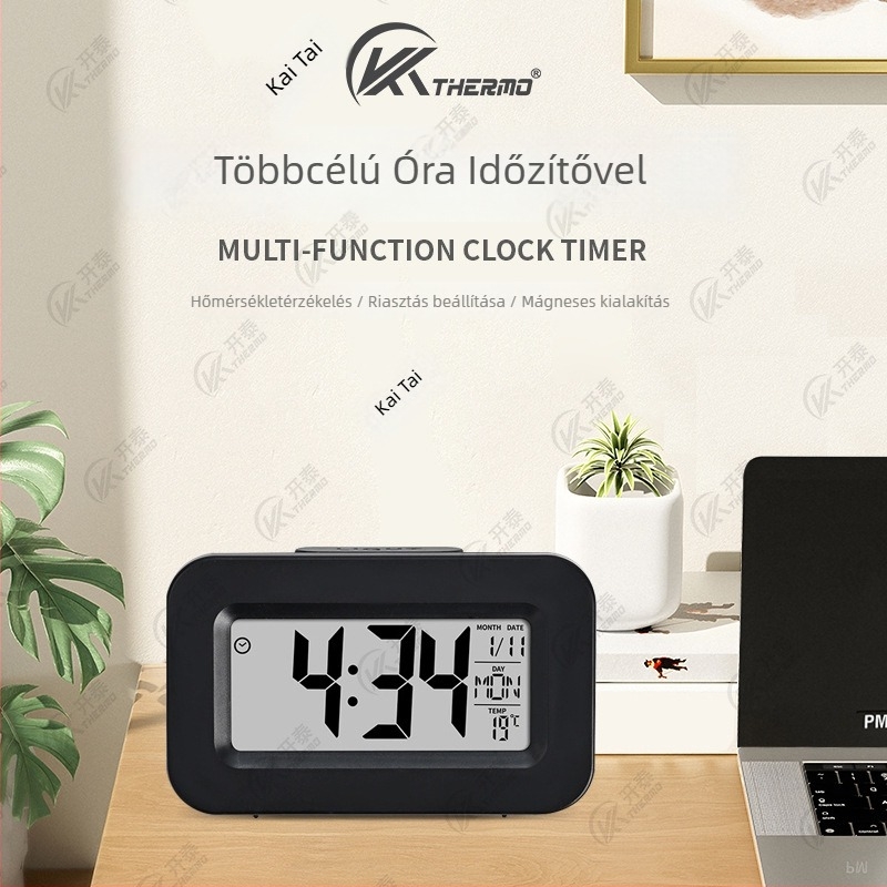 Többfunkciós időzítő ébresztő LCD kijelzővel, hőmérővel és háttérvilágítással, elemes működés