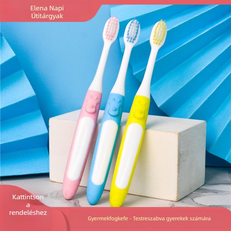 Eleanor Gyermekeknek szánt egyszer használatos puha sörtéjű fogkefe, műanyagból, mini rajzfilm dizájn, logó nyomtatás lehetséges