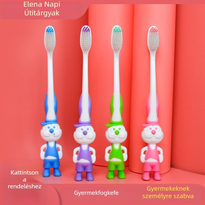 Eleanor Gyermekeknek szánt egyszer használatos puha sörtéjű fogkefe, műanyagból, mini rajzfilm dizájn, logó nyomtatás lehetséges