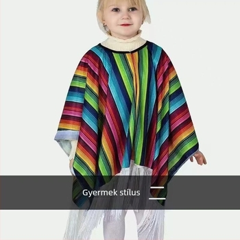 Mexikói etnikai köpeny színes csíkos bojtokkal, cosplayhoz és fellépésekhez