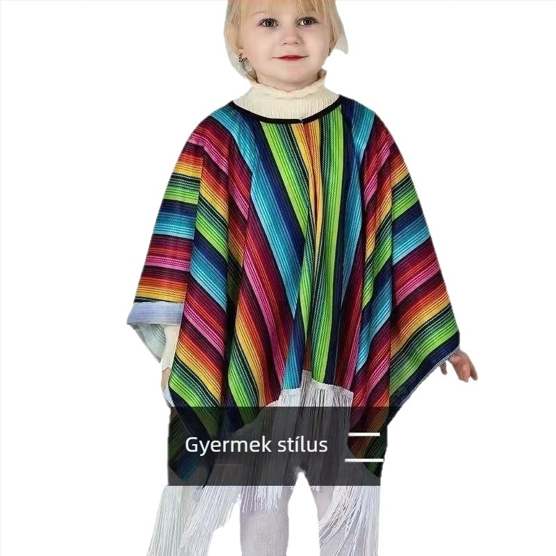 Mexikói etnikai köpeny színes csíkos bojtokkal, cosplayhoz és fellépésekhez