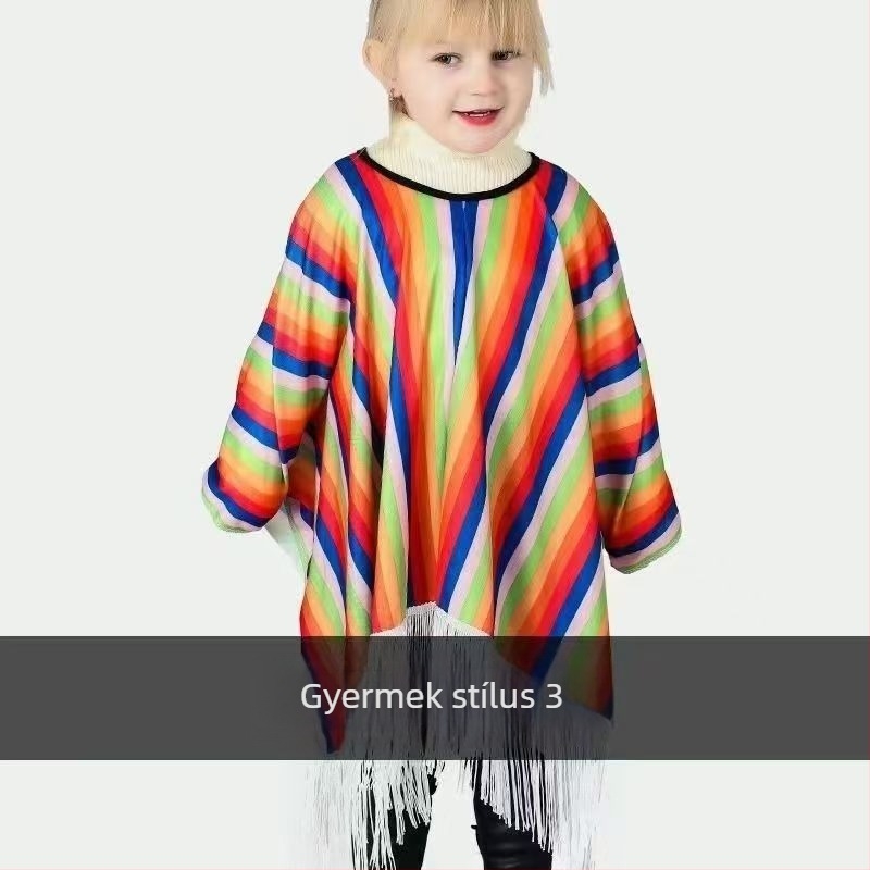 Mexikói etnikai köpeny színes csíkos bojtokkal, cosplayhoz és fellépésekhez