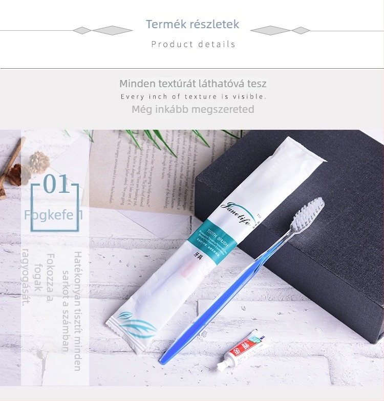 Egyszer használatos fogkefés és toalettkellékek készlet, hat darabos, műanyagból (PE), logó nyomtatási lehetőség, személyre szabás, univerzális minta