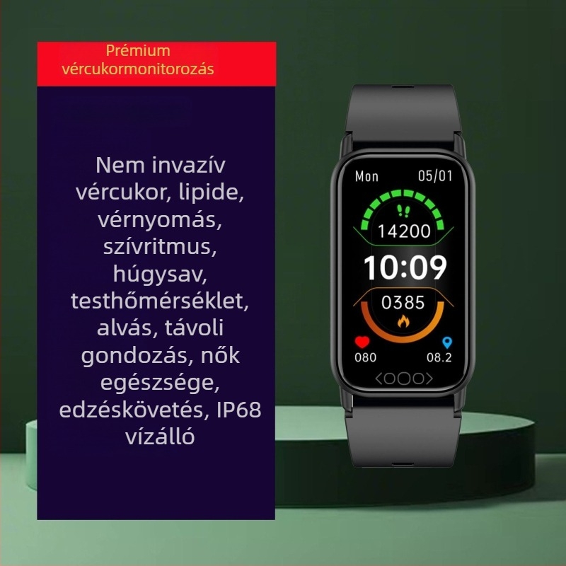 Okos sportóra nem invazív, többparaméteres egészség-ellenőrzéssel: húgysav, vércukor, vérnyomás, vér oxigén, lipidek és pulzus; úszásra vízálló, IPS kijelző, szilikon szíj, 21 nap feletti üzemidő