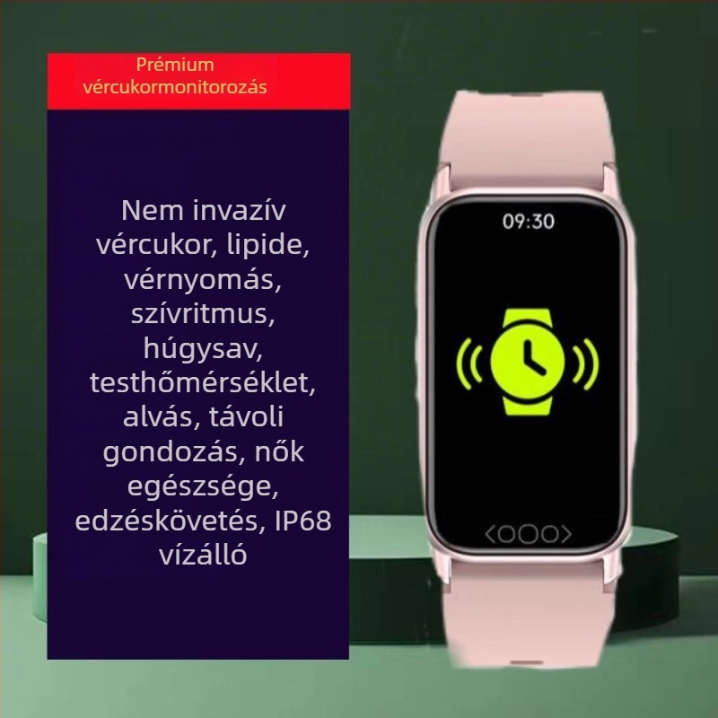 Okos sportóra nem invazív, többparaméteres egészség-ellenőrzéssel: húgysav, vércukor, vérnyomás, vér oxigén, lipidek és pulzus; úszásra vízálló, IPS kijelző, szilikon szíj, 21 nap feletti üzemidő