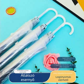 Áttetsző hosszú nyélű esernyő, 8 vas bordával, műanyag vászon, fél-automata nyitás, logó nyomtatás