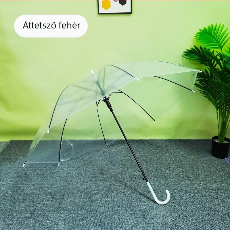 Áttetsző hosszú nyélű esernyő, 8 vas bordával, műanyag vászon, fél-automata nyitás, logó nyomtatás