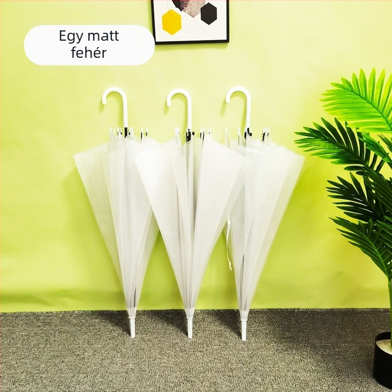 Áttetsző hosszú nyélű esernyő, 8 vas bordával, műanyag vászon, fél-automata nyitás, logó nyomtatás