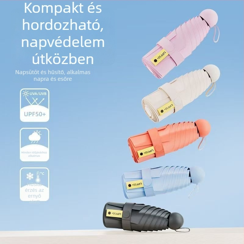 Öt részes esernyő napfény és eső elleni UV-védelemmel UPF>50, kompakt kapsula alakú kivitel, súly 200 g, vas váz 6 bordával