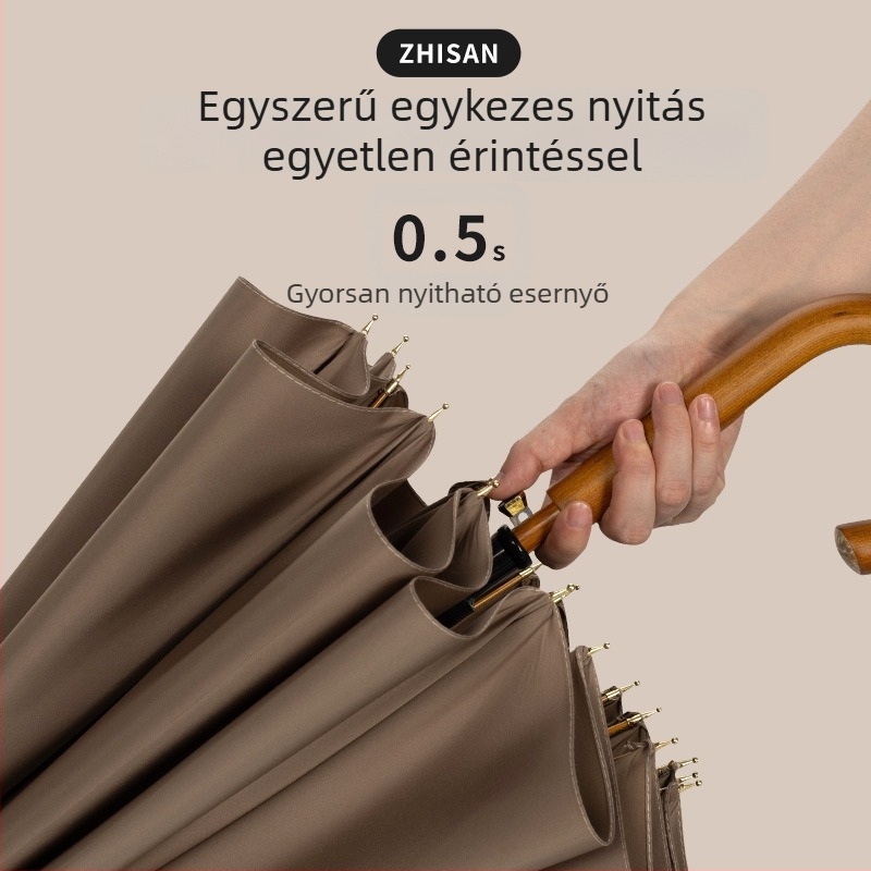 16 bordás hosszú nyélű egyenes esernyő, masszív fa fogantyúval, szélálló, félautomata nyitás
