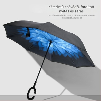 Kétszintes, teljesen automata visszafordítható autóesernyő, 8 bordás keret, rostos merevítőkkel, ütésálló vászon, automatikus nyitás-zárás, hosszú nyél, logónyomtatás, testreszabás
