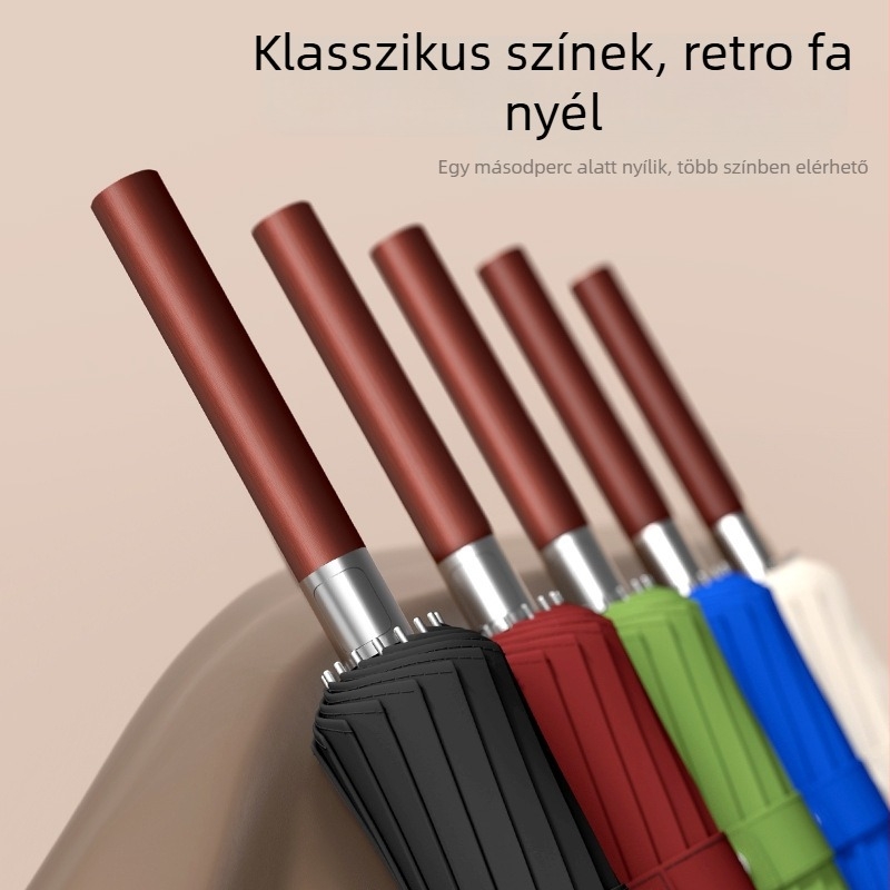 Hosszú fogantyújú esernyő, 16 bordával, fa fogantyú, rostos váz, központi rúd acél, automata nyitás