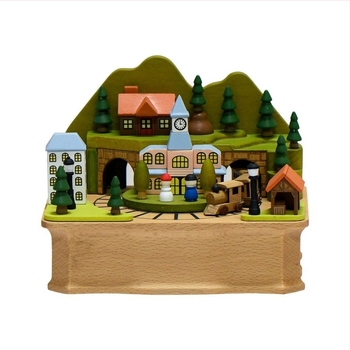 Felhúzható fa zenei doboz — kézzel készített, forgó mini aranyos állatfigura, modern minimalista stílus