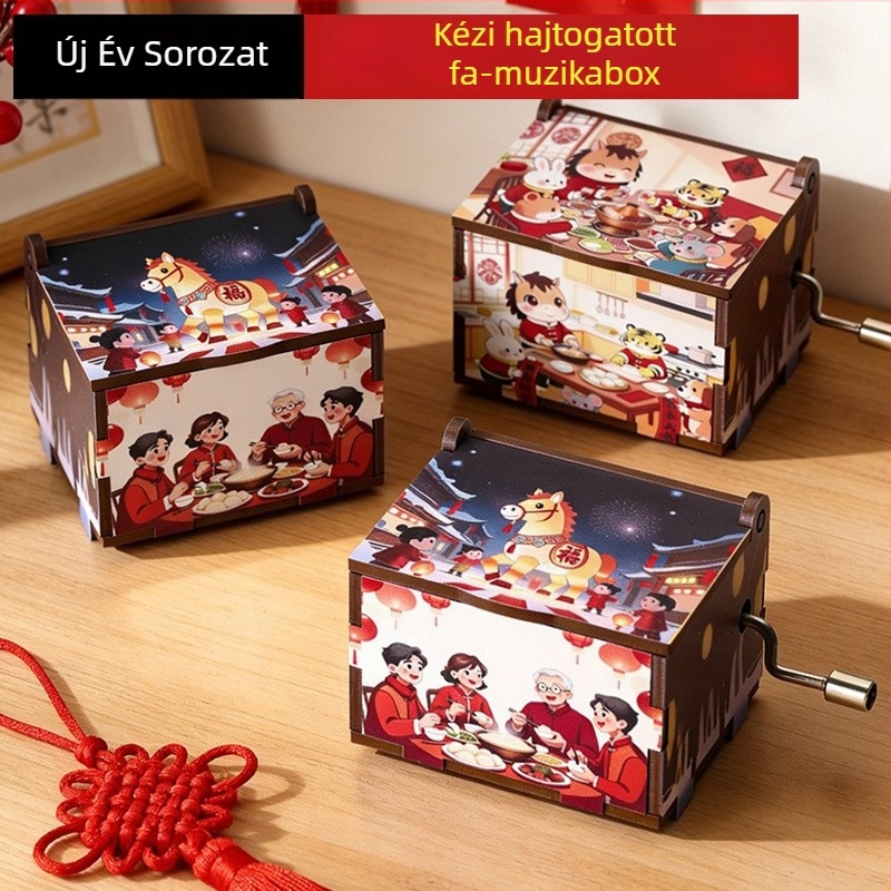 Kézikerékes fa zenei doboz, Újévi sorozat, karikatúra stílus, UV nyomtatás, logó nyomtatás, testreszabható