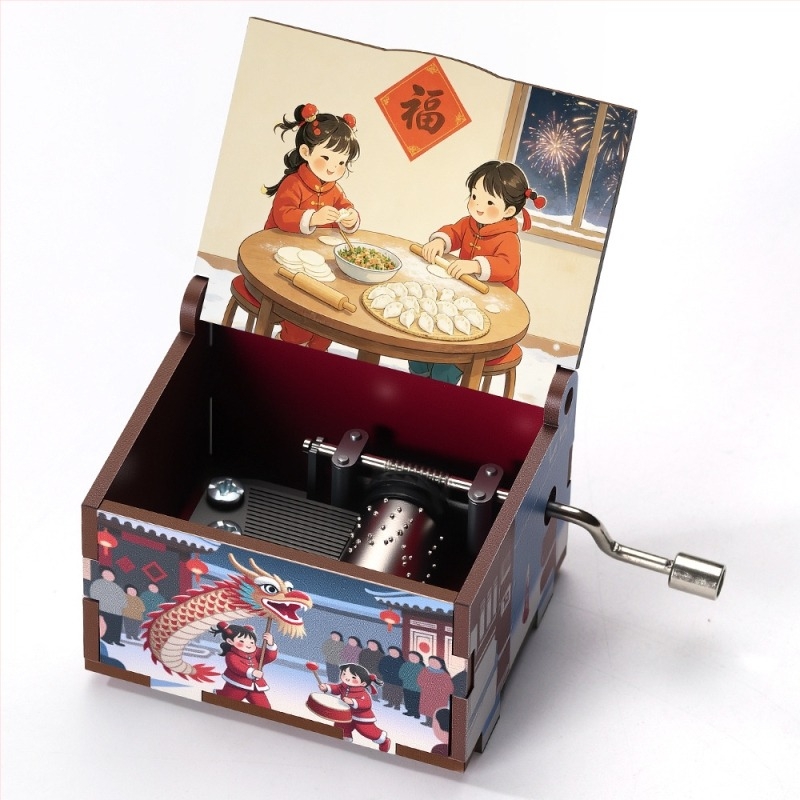 Kézikerékes fa zenei doboz, Újévi sorozat, karikatúra stílus, UV nyomtatás, logó nyomtatás, testreszabható