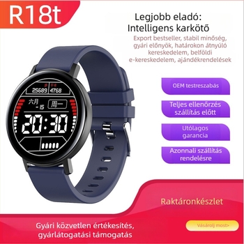 R18t okos karkötő teljes érintőképernyővel, pulzus- és vérnyomás monitorozás, vízálló, Bluetooth, 7–14 napos üzemidő.