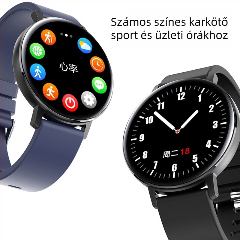 R18t okos karkötő teljes érintőképernyővel, pulzus- és vérnyomás monitorozás, vízálló, Bluetooth, 7–14 napos üzemidő.