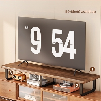 TV-emelő polc tömörfából és vasból, modern minimalista stílus, asztali típusú szerelés, 1 réteg, modell Shelf