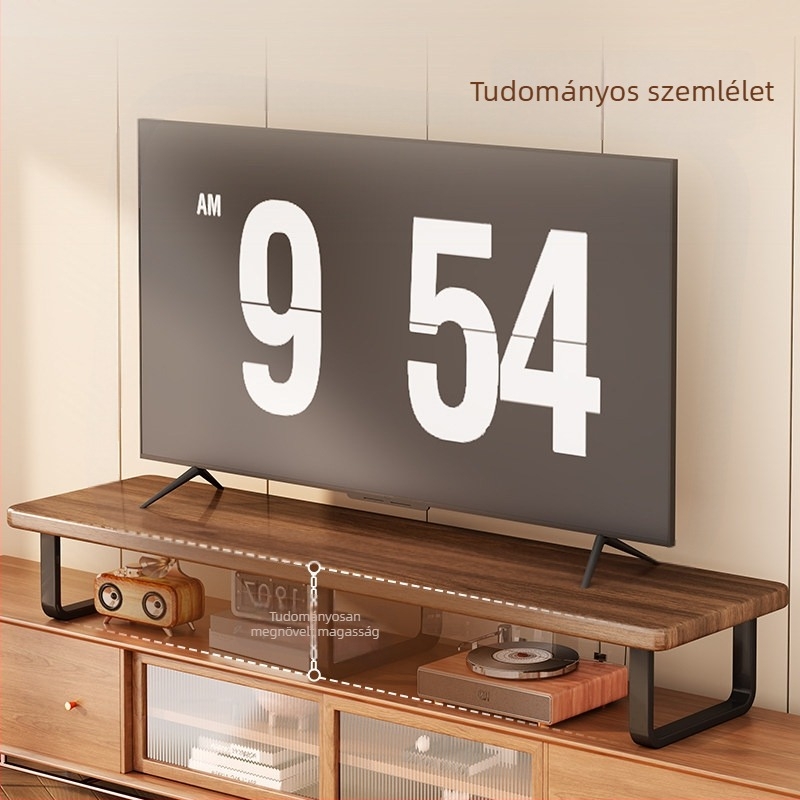 TV-emelő polc tömörfából és vasból, modern minimalista stílus, asztali típusú szerelés, 1 réteg, modell Shelf