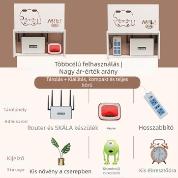 Falihoz szerelhető router tároló doboz, fúrás nélkül, kampó típusú szerelés, PVC anyag, 1 rétegű polc routerhez és set-top boxhoz