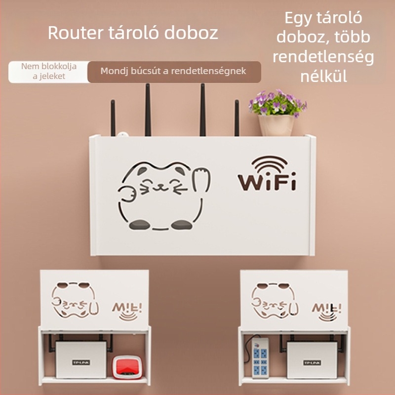 Falihoz szerelhető router tároló doboz, fúrás nélkül, kampó típusú szerelés, PVC anyag, 1 rétegű polc routerhez és set-top boxhoz