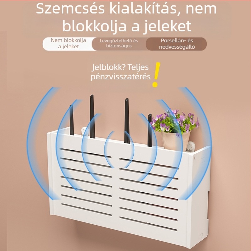Falihoz szerelhető router tároló doboz, fúrás nélkül, kampó típusú szerelés, PVC anyag, 1 rétegű polc routerhez és set-top boxhoz