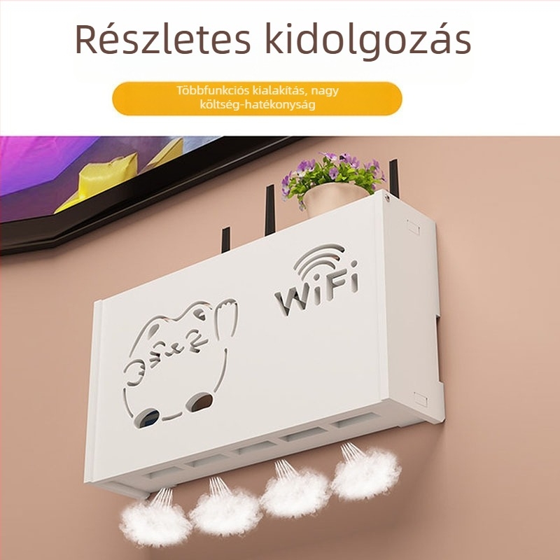 Falihoz szerelhető router tároló doboz, fúrás nélkül, kampó típusú szerelés, PVC anyag, 1 rétegű polc routerhez és set-top boxhoz