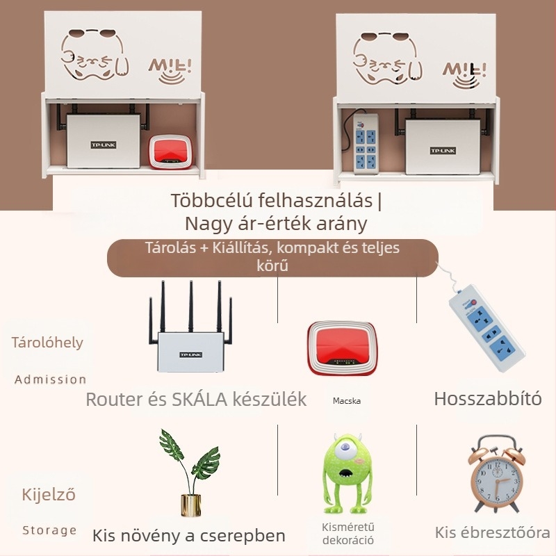 Falihoz szerelhető router tároló doboz, fúrás nélkül, kampó típusú szerelés, PVC anyag, 1 rétegű polc routerhez és set-top boxhoz