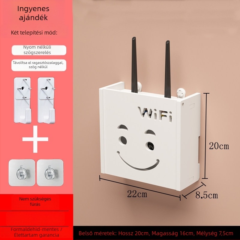 Falihoz szerelhető router tároló doboz, fúrás nélkül, kampó típusú szerelés, PVC anyag, 1 rétegű polc routerhez és set-top boxhoz