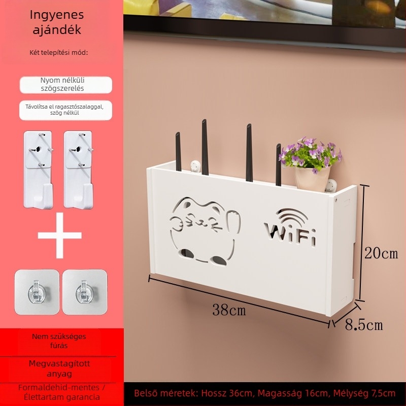 Falihoz szerelhető router tároló doboz, fúrás nélkül, kampó típusú szerelés, PVC anyag, 1 rétegű polc routerhez és set-top boxhoz