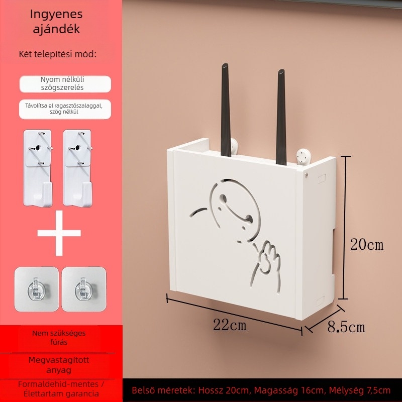 Falihoz szerelhető router tároló doboz, fúrás nélkül, kampó típusú szerelés, PVC anyag, 1 rétegű polc routerhez és set-top boxhoz