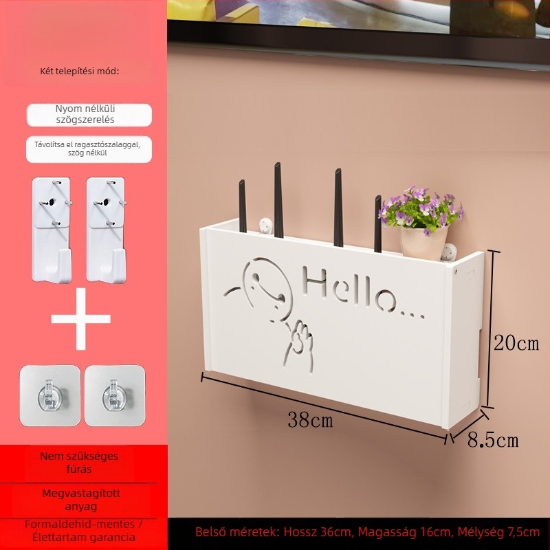 Falihoz szerelhető router tároló doboz, fúrás nélkül, kampó típusú szerelés, PVC anyag, 1 rétegű polc routerhez és set-top boxhoz