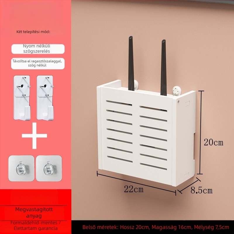 Falihoz szerelhető router tároló doboz, fúrás nélkül, kampó típusú szerelés, PVC anyag, 1 rétegű polc routerhez és set-top boxhoz