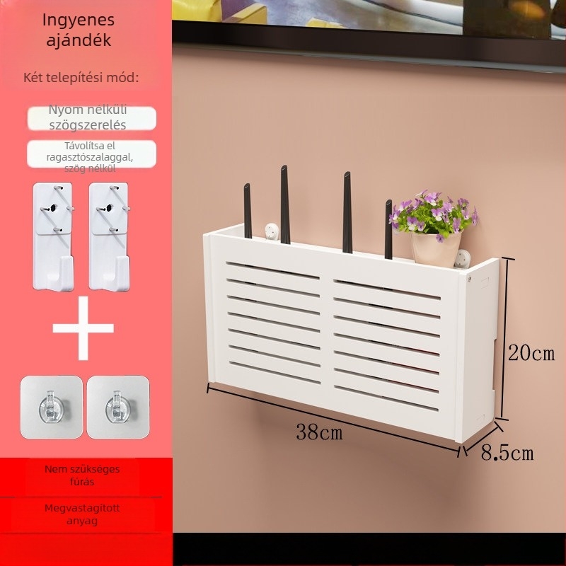 Falihoz szerelhető router tároló doboz, fúrás nélkül, kampó típusú szerelés, PVC anyag, 1 rétegű polc routerhez és set-top boxhoz